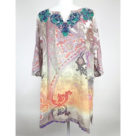 Sundance Floral Embroidered Paisley Print Tunic Top Size Large Multicolor Boho - Picture 1 of 10